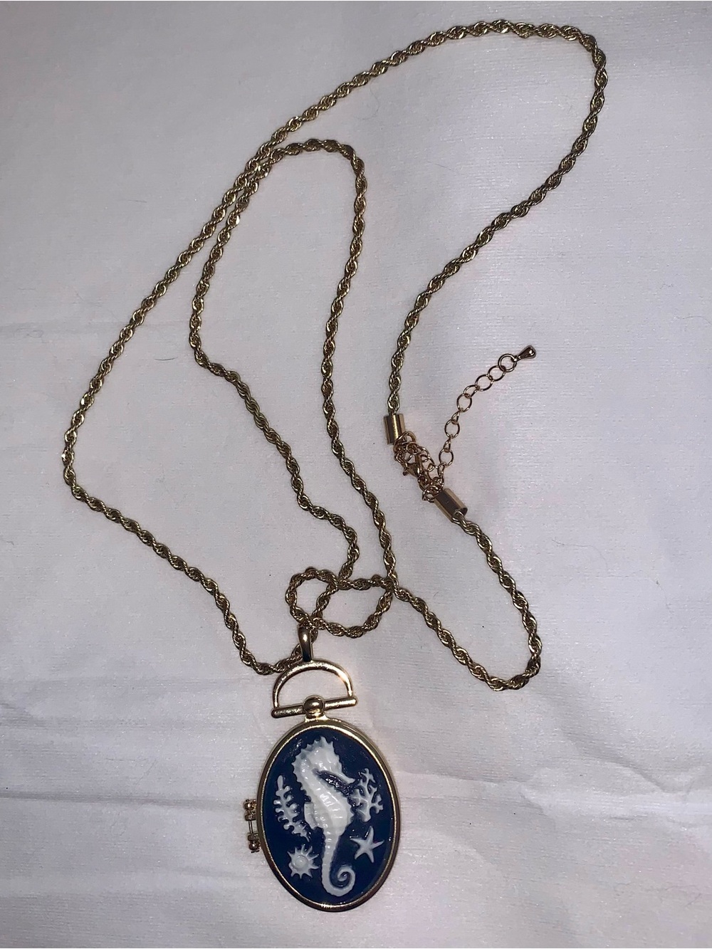 New Gold Toned Seahorse Locket Chain Included.